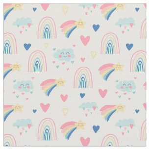 Cute Rainbow Hearts & Clouds Pattern Fabric