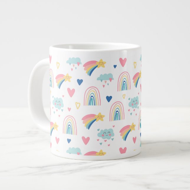 Cute Rainbow Hearts & Clouds Pattern Large Coffee Mug (Front Left)