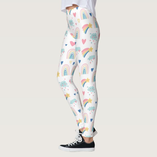 Cute Rainbow Hearts & Clouds Pattern Leggings (Left)