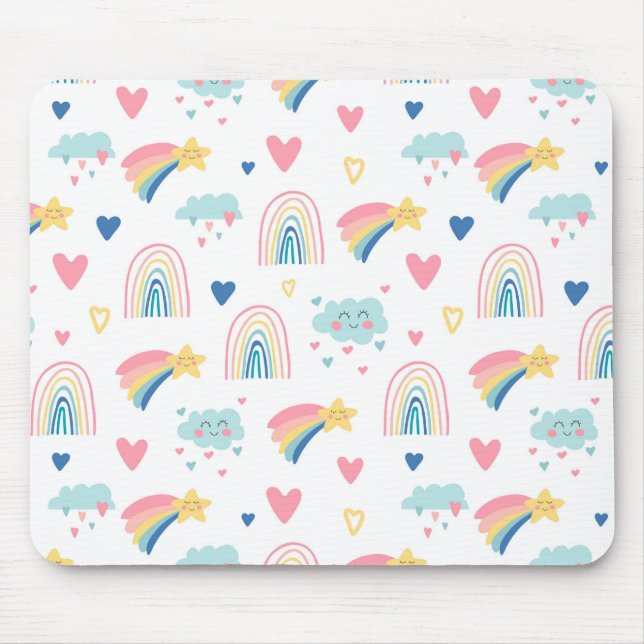 Cute Rainbow Hearts & Clouds Pattern Mouse Mat (Front)
