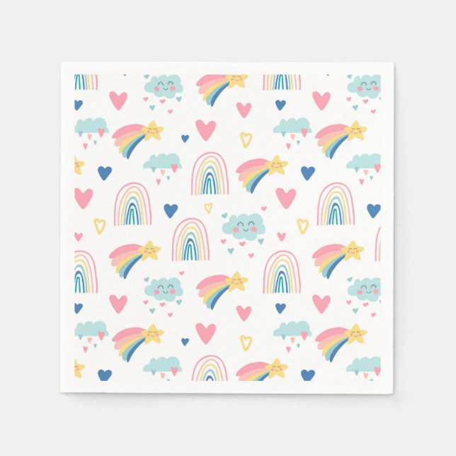 Cute Rainbow Hearts & Clouds Pattern Napkin (Front)