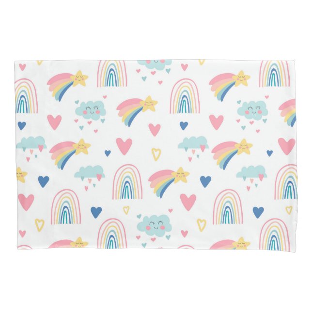 Cute Rainbow Hearts & Clouds Pattern Pillowcase (Front)