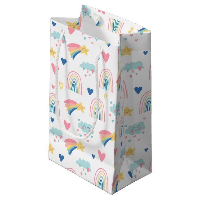 Cute Rainbow Hearts & Clouds Pattern Small Gift Bag (Front Angled)