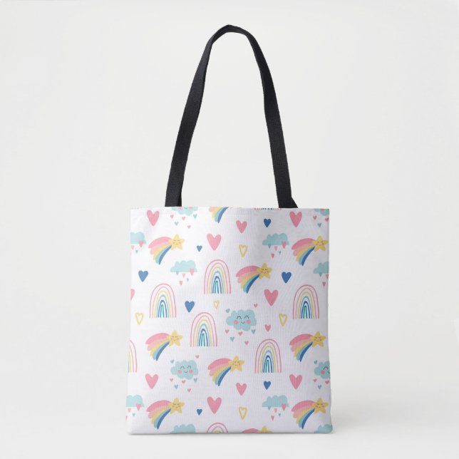 Cute Rainbow Hearts & Clouds Pattern Tote Bag (Front)