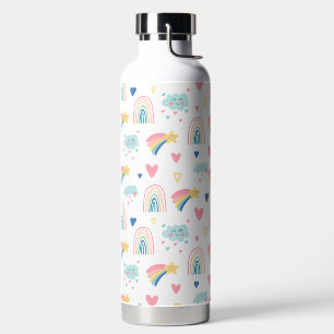 Cute Rainbow Hearts & Clouds Pattern Water Bottle