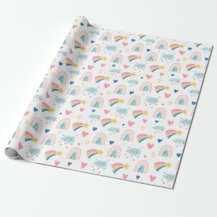 Cute Rainbow Hearts & Clouds Pattern Wrapping Paper