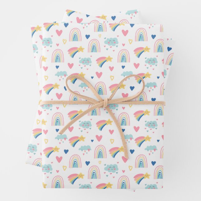 Cute Rainbow Hearts & Clouds Pattern Wrapping Paper Sheet (In situ)