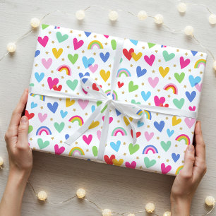 Cute Rainbow Hearts Stars Celebration Wrapping Paper