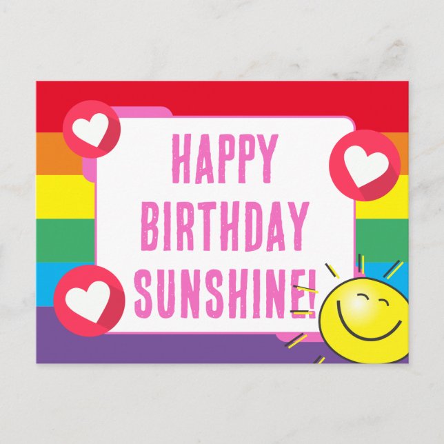 Cute Rainbow Hearts Sunshine Happy Birthday Postcard (Front)