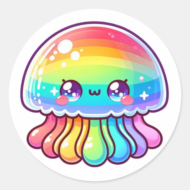 Cute Rainbow Jellyfish Classic Round Sticker (Front)