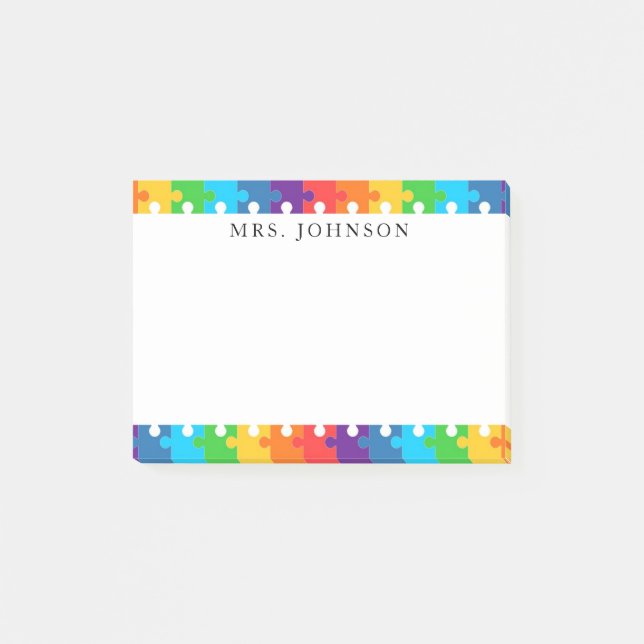 Cute Rainbow Jigsaw Puzzle Pieces Teachers Name Post-it Notes (Front)