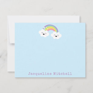 Cute Rainbow Kawaii Cloud Faces Pastel Blue Name Thank You Card