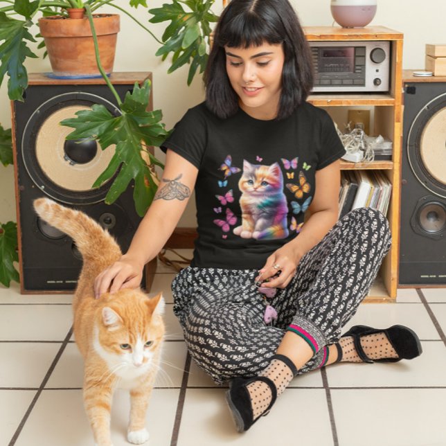 Cute Rainbow Kitten an Butterflies Sublimation cat T-Shirt (Creator Uploaded)