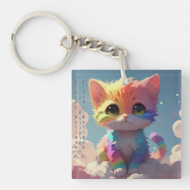 Cute Rainbow Kitten Upon a Cloud Key Ring (Front)
