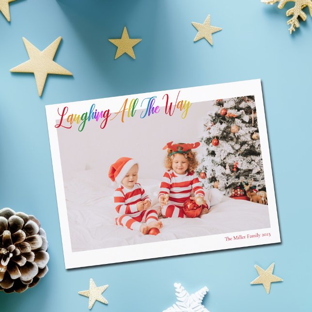 Cute Rainbow Laughing All The Way Christmas Photo Holiday Postcard (Creator Uploaded)