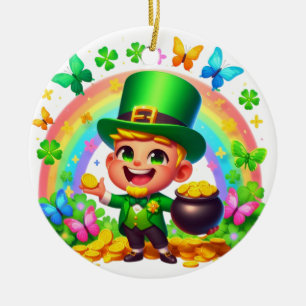 Cute Rainbow Leprechaun with Gold Ceramic Tree Decoration