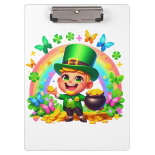 Cute Rainbow Leprechaun with Gold Clipboard