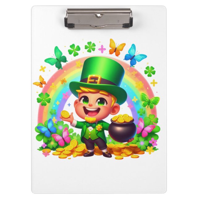Cute Rainbow Leprechaun with Gold Clipboard (Front)