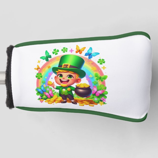 Cute Rainbow Leprechaun with Gold Golf Head Cover (Front)