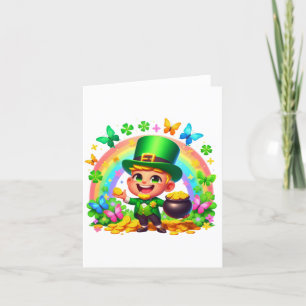 Cute Rainbow Leprechaun with Gold Holiday Card