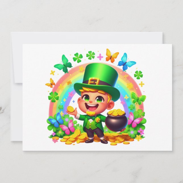 Cute Rainbow Leprechaun with Gold Holiday Card (Front)