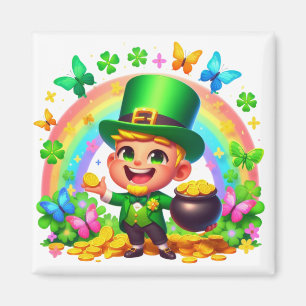 Cute Rainbow Leprechaun with Gold Magnet