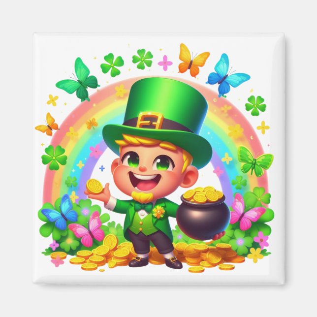 Cute Rainbow Leprechaun with Gold Magnet (Front)