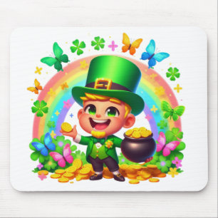 Cute Rainbow Leprechaun with Gold Mouse Mat