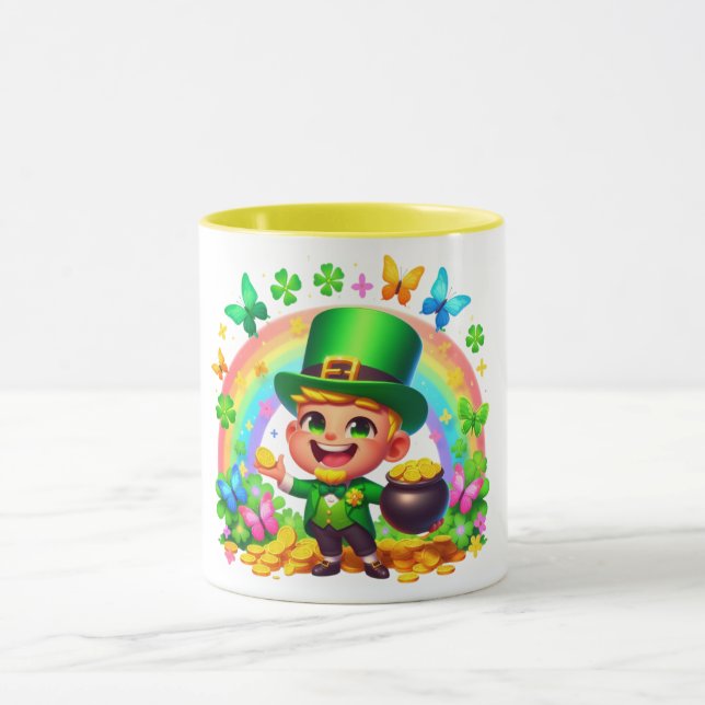 Cute Rainbow Leprechaun with Gold Mug (Center)