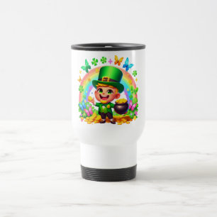 Cute Rainbow Leprechaun with Gold Travel Mug