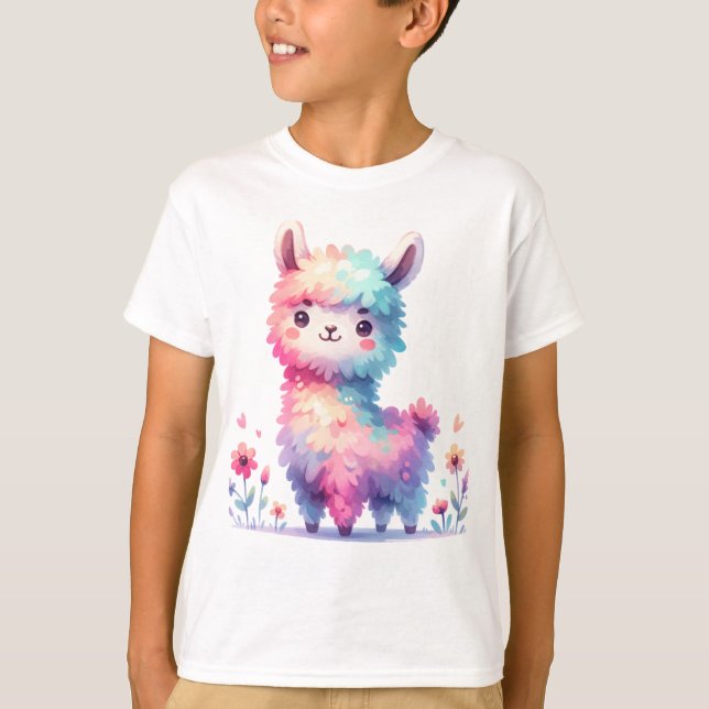 Cute Rainbow Llama Fantasy Art T-Shirt (Front)