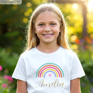 Cute Rainbow Love Heart Personalised Name Girl T-Shirt