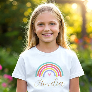 Cute Rainbow Love Heart Personalised Name Girl T-Shirt