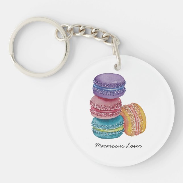 Cute Rainbow Macaroons In Watercolor  Key Ring (Front)
