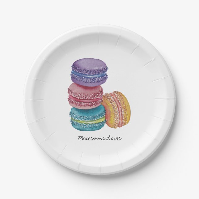 Cute Rainbow Macaroons In Watercolor Paper Plate (Front)
