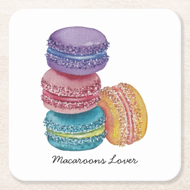 Cute Rainbow Macaroons In Watercolor  Square Paper Coaster (Front)
