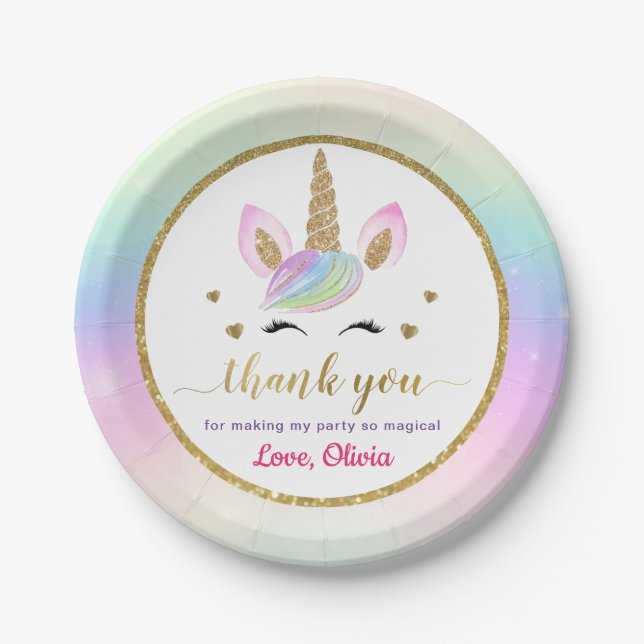 Cute Rainbow Magical Gold Unicorn Thank You Paper Plate (Front)