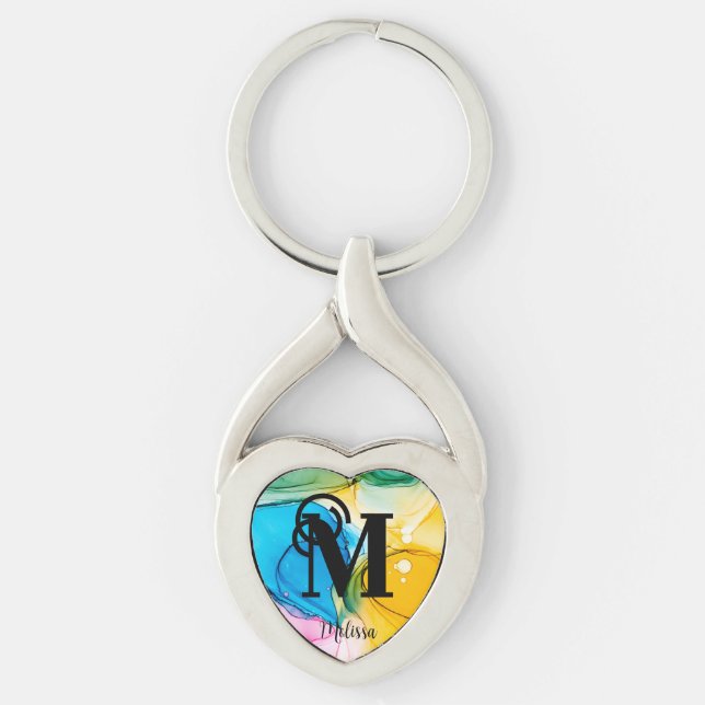 Cute Rainbow Marbled Monogram Key Ring (Front)