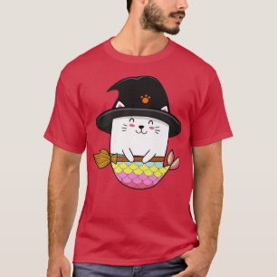Cute Rainbow Mermaid Cat Funny Halloween Witch Hat T-Shirt