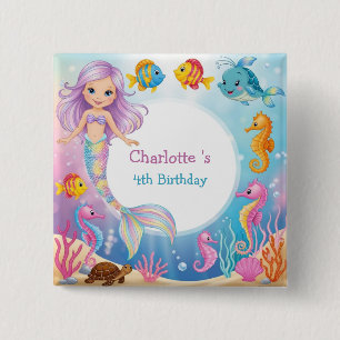 Cute Rainbow mermaid fish seahorse Birthday 15 Cm Square Badge