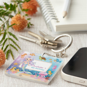 Cute Rainbow mermaid fish seahorse Birthday Key Ring