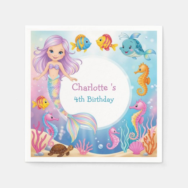 Cute Rainbow mermaid fish seahorse Birthday Napkin (Front)