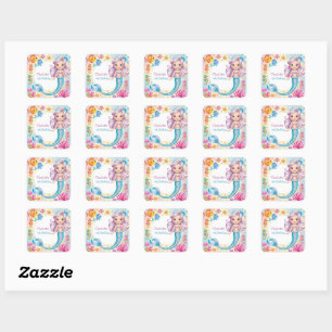 Cute Rainbow mermaid fish seahorse Birthday Square Sticker