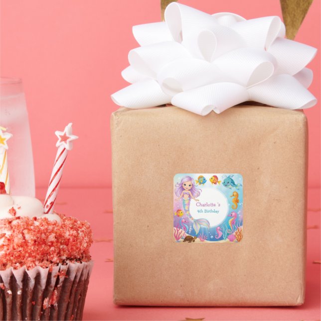Cute Rainbow mermaid fish seahorse Birthday Square Sticker (Party)