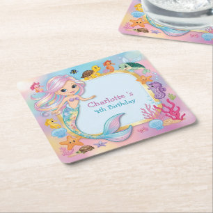 Cute Rainbow mermaid fish seahorse star Birthday Square Paper Coaster