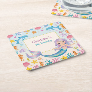 Cute Rainbow mermaid fish shark whale Birthday Square Paper Coaster