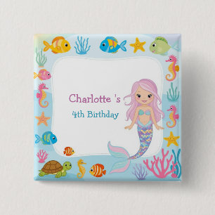 Cute Rainbow mermaid fish turtle star Birthday 15 Cm Square Badge