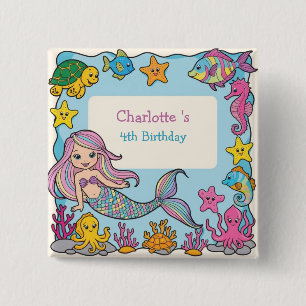 Cute Rainbow mermaid fish turtle star Birthday 15 Cm Square Badge