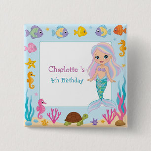 Cute Rainbow mermaid fish turtle star Birthday 15 Cm Square Badge