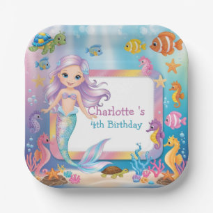Cute Rainbow mermaid fish turtle star Birthday Paper Plate